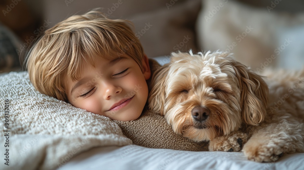 A boy is sleeping on a white bed with his favorite dog. This peaceful image perfectly captures the bond between a child and his pet. A boy is sleeping on a white bed with his favorite dog. This peaceful image perfectly captures the bond between a child and his pet.
