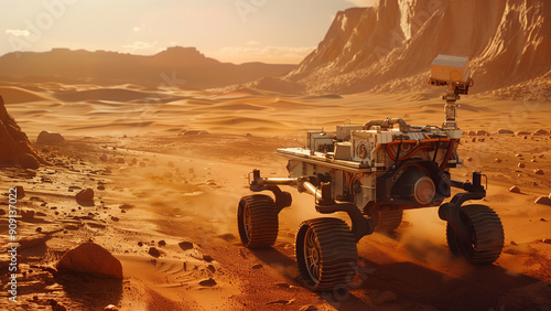 Mars Rover on Martian Surface - Mars, rover, space, exploration, landscape, desert, rocky, red planet, technology, science, Mars rover, Mars surface, planetary exploration