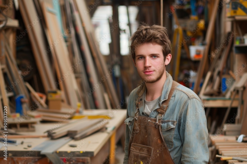 Obraz premium Portrait of a young male carpenter in workshop