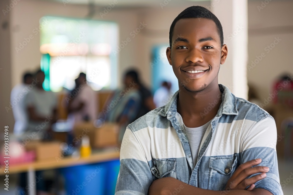 Young African American male volunteer at community center Young African American male volunteer at community center