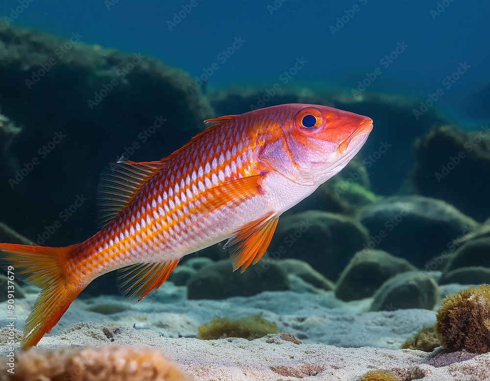 A red mullet fish on a coral reef with distinctive red-orange stripes explores its underwater habitat A red mullet fish on a coral reef with distinctive red-orange stripes explores its underwater habitat