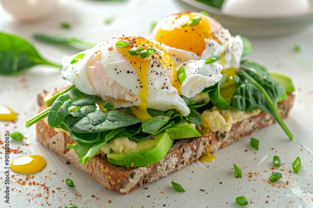 Avocado toast with poached eggs on plate