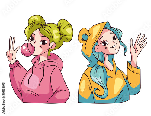 Manga anime female cute characters friends group concept. Vector graphic design illustration	
