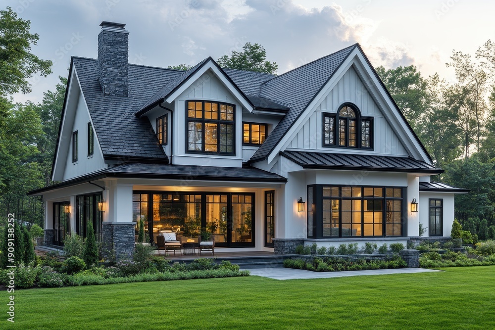 Modern Farmhouse Style House Exterior with Black Roof and White Walls, Green Lawn, Traditional Gable Design, and Bright Daylight
Modern Farmhouse Style House Exterior with Black Roof and White Walls, Green Lawn, Traditional Gable Design, and Bright Daylight
