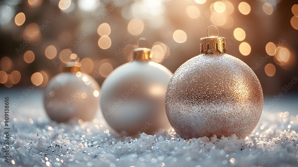 Three white and gold ornaments are sitting on a snowy surface. The snow is white and the ornaments are shiny and sparkly. The scene gives off a festive and joyful mood, as if it were a Christmas tree Three white and gold ornaments are sitting on a snowy surface. The snow is white and the ornaments are shiny and sparkly. The scene gives off a festive and joyful mood, as if it were a Christmas tree