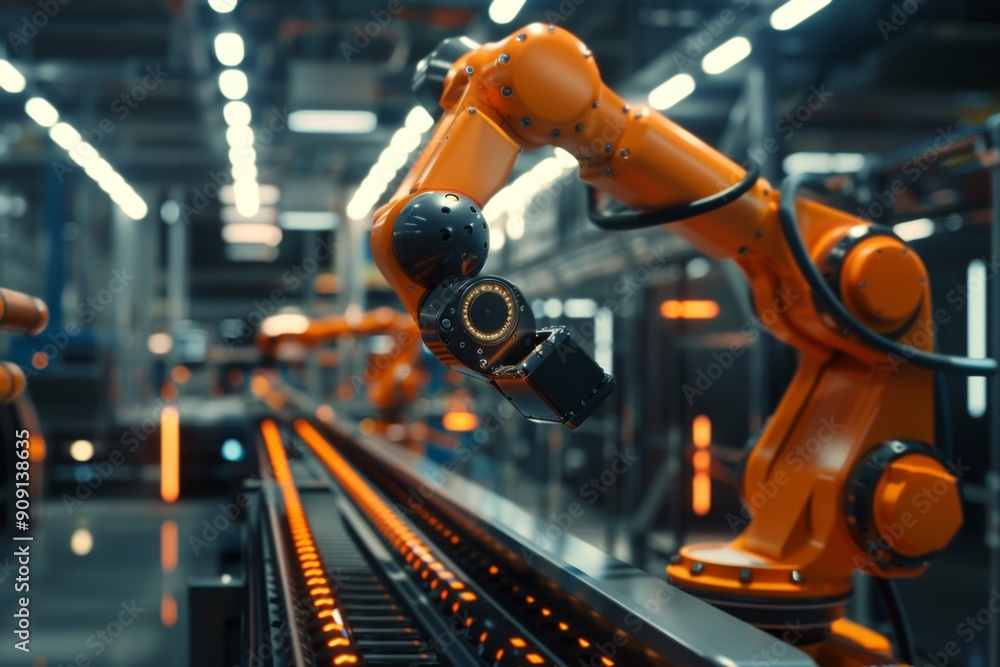 Robot arm on conveyor belt in factory