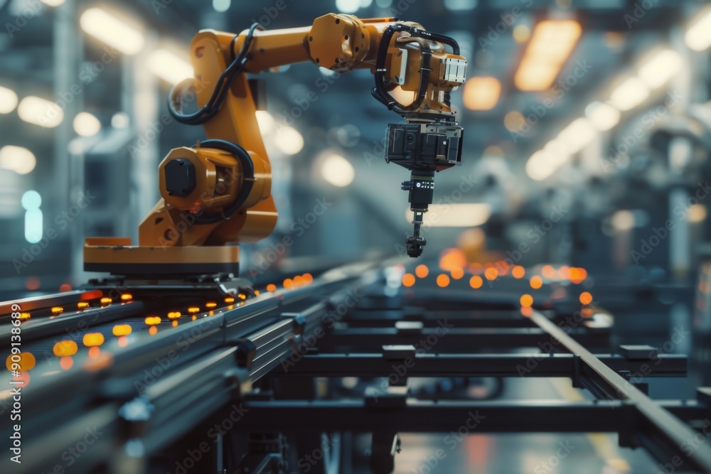 Robot arm on conveyor belt in factory Robot arm on conveyor belt in factory