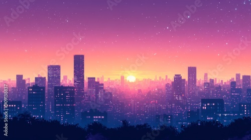 Cityscape at Sunset with Starry Sky and Glowing Windows