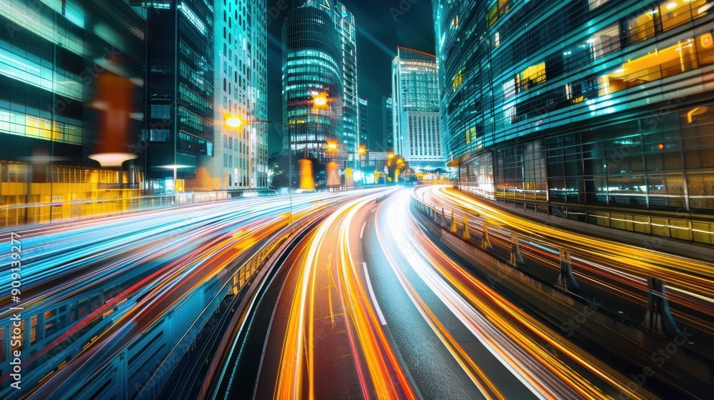 Obraz premium Light trails on the modern building background. Light trails at night in urban environment, Abstract Motion Blur City, traffic, transportation, street, road, speed