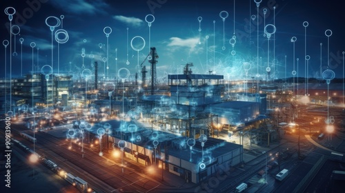 Modern factory  communication network. Telecommunication. IoT  Internet of Things  ICT  Information communication Technology . Smart factory. Digital transformation  cloud connecting  generate by AI