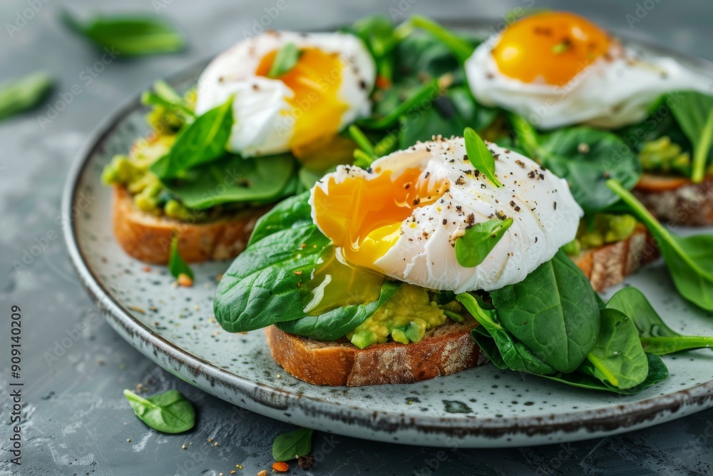 Avocado toast with poached eggs on plate Avocado toast with poached eggs on plate