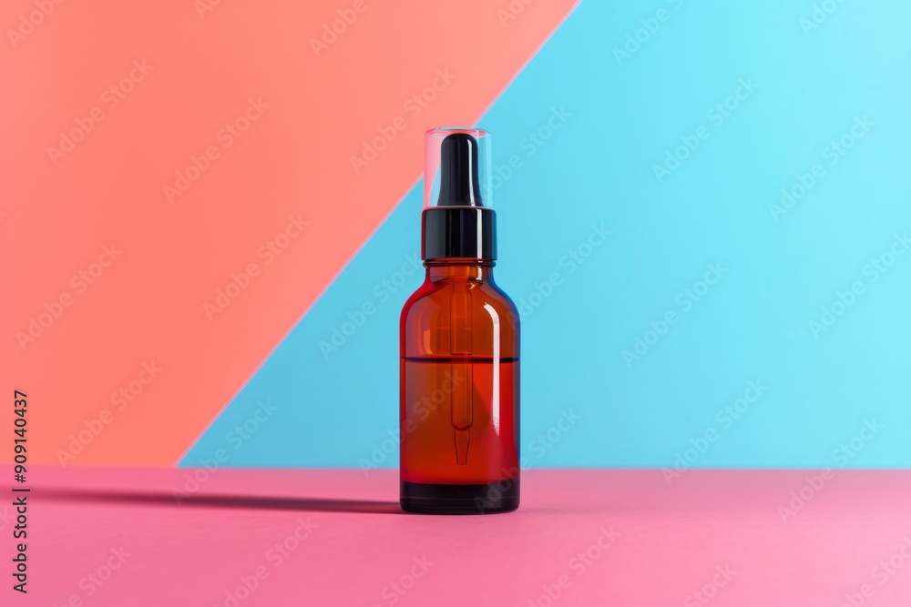 Bottle of facial cosmetic against two color background Bottle of facial cosmetic against two color background