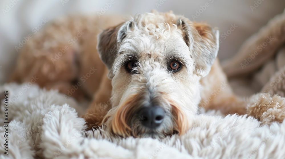 Fluffy dog relaxing in bed, partially obscured face. Fluffy dog relaxing in bed, partially obscured face.