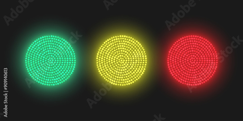 Bright glowing circles consisting of LEDs. Traffic lights of red, yellow and green colors. Vector illustration.