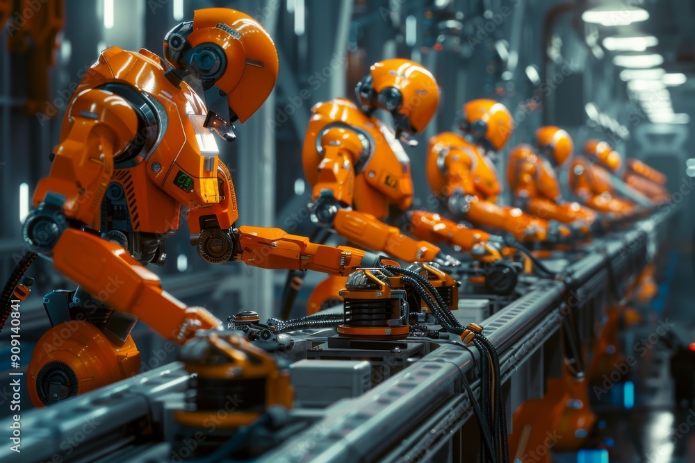 Orange robots working in a factory Orange robots working in a factory