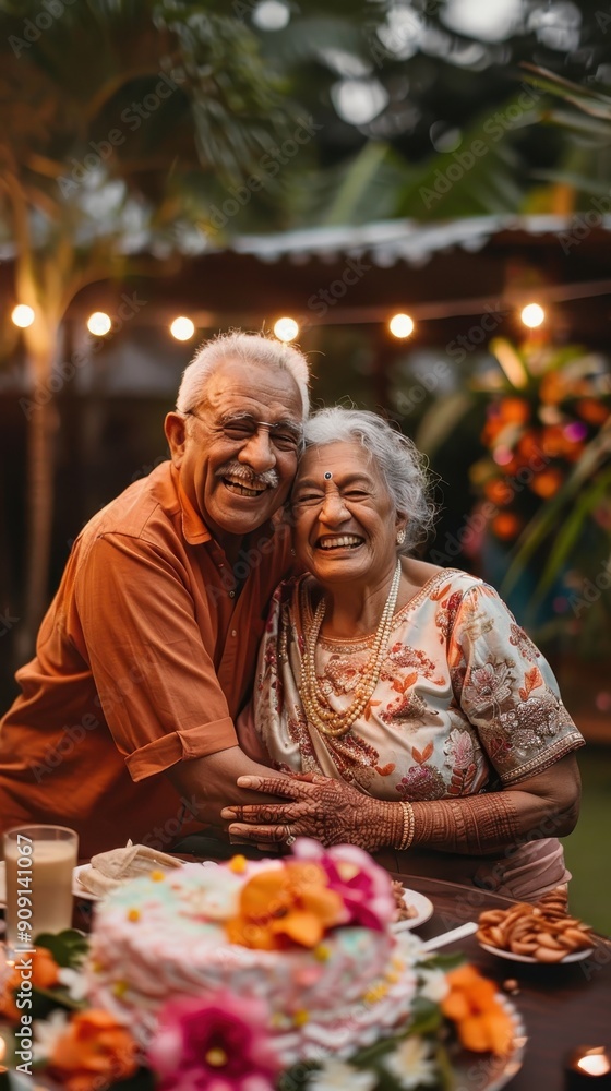 An elderly couple shares a warm embrace during a joyful celebration with friends and family in a beautifully decorated outdoor setting An elderly couple shares a warm embrace during a joyful celebration with friends and family in a beautifully decorated outdoor setting