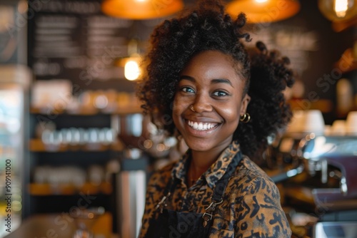 Portrait of a smiling young African American woman in a cafe