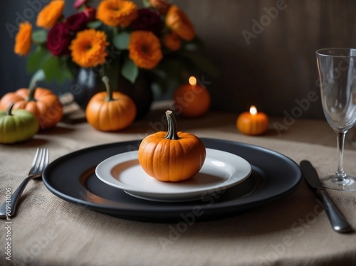 a Halloween themed decoration with orange flowers in the background with lit candles and a set table with a white and black plate and a small pumpkin on it,a wine glass and silverware