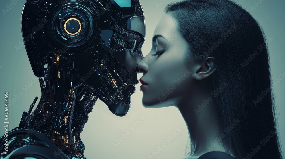 harmony and unification of technology and human feelings. kiss between a man and a robot. romance of the future. relationship between humans and artificial intelligence harmony and unification of technology and human feelings. kiss between a man and a robot. romance of the future. relationship between humans and artificial intelligence