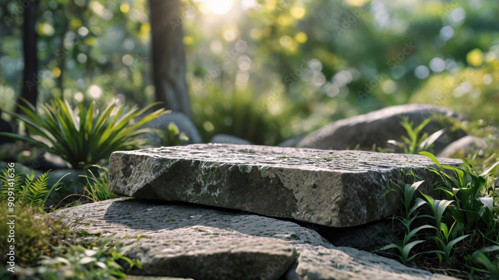 Stone Slab in a Lush Green Environment with Blurred Images of Trees and Stones Stone Slab in a Lush Green Environment with Blurred Images of Trees and Stones