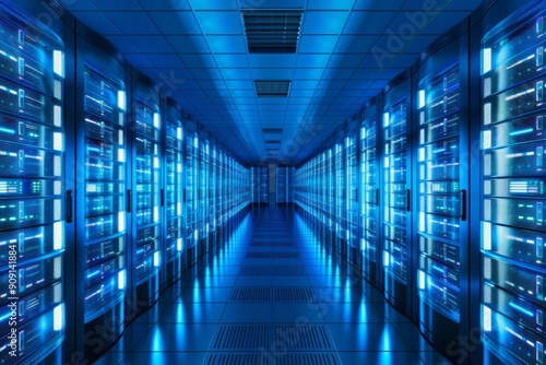 High-Tech Server Room Illuminated by Blue Lights in Modern Data Center