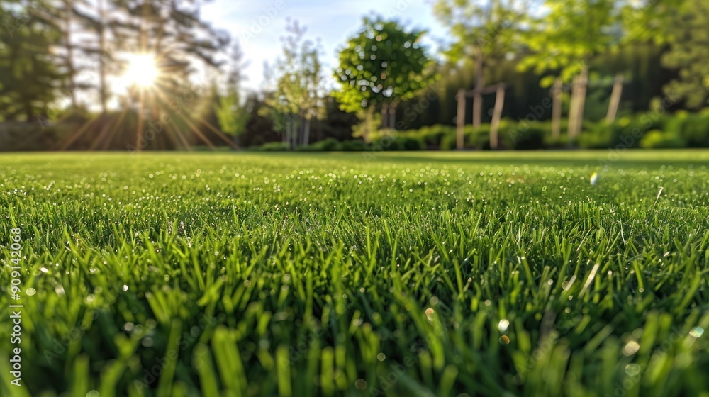 A vibrant green lawn freshly watered A vibrant green lawn freshly watered