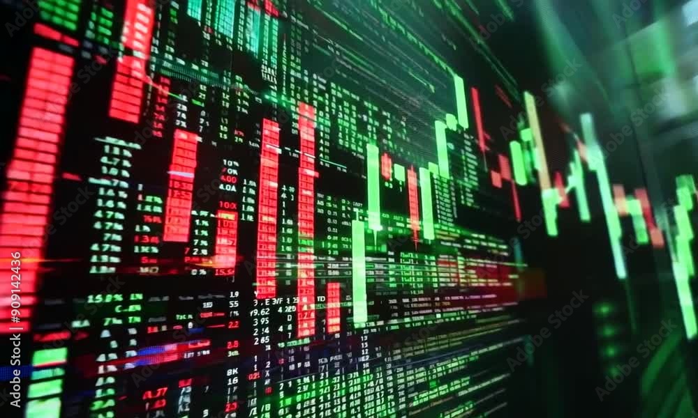 Glowing green and red stock market data display with graph prices candle sticks Glowing green and red stock market data display with graph prices candle sticks