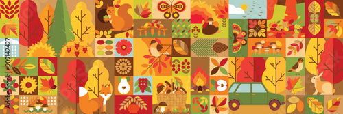 Autumn abstract geometric background with forest plants and animals. Creative autumnal banner with elements of nature and recreation in the forest