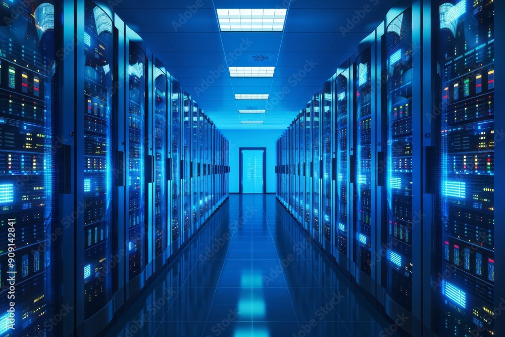 High-Tech Data Center Corridor With Illuminated Racks in Blue Lighting High-Tech Data Center Corridor With Illuminated Racks in Blue Lighting