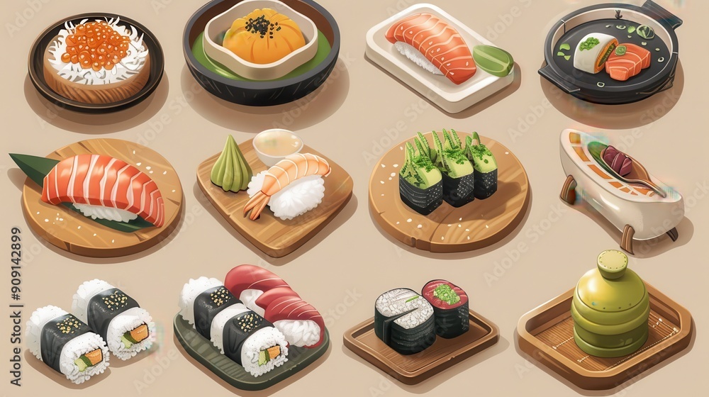 An assortment of sushi dishes arranged beautifully on wooden platters showcases culinary artistry An assortment of sushi dishes arranged beautifully on wooden platters showcases culinary artistry