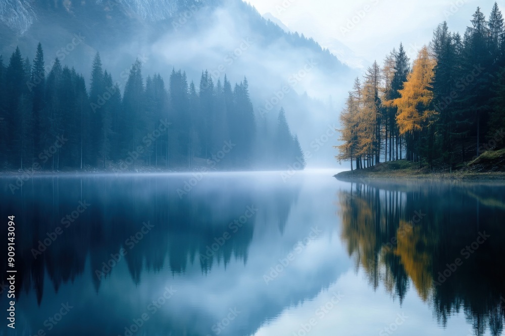 Fototapeta premium Serene mountain lake reflection, dreamy atmosphere, with copy space
