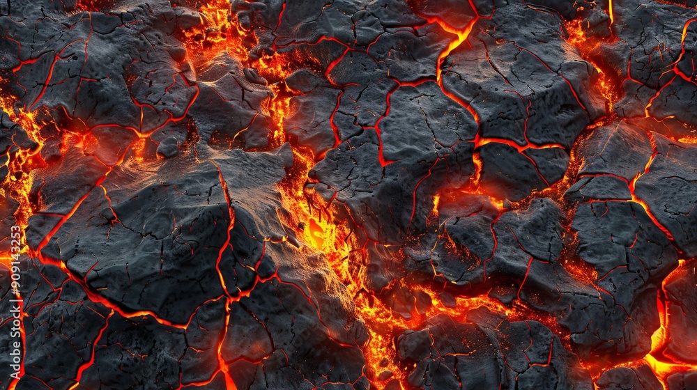 Hot molten lava seen through blackened rocky crust Hot molten lava seen through blackened rocky crust