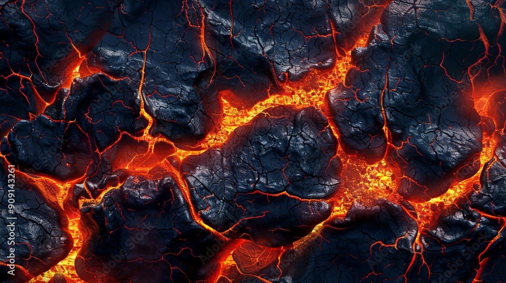 Volcanic rock fractured with visible flowing hot lava Volcanic rock fractured with visible flowing hot lava