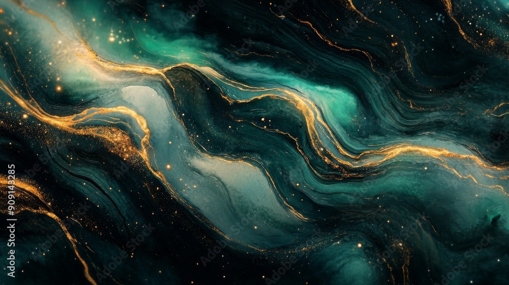 Obraz premium Abstract Green and Gold Swirling Galaxy with Glitter