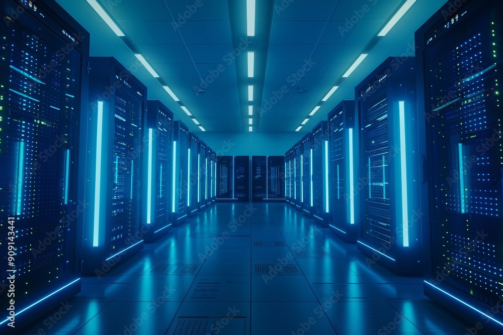 Illuminated Server Room Showcasing High-Tech Equipment and Modern Design at Night Illuminated Server Room Showcasing High-Tech Equipment and Modern Design at Night