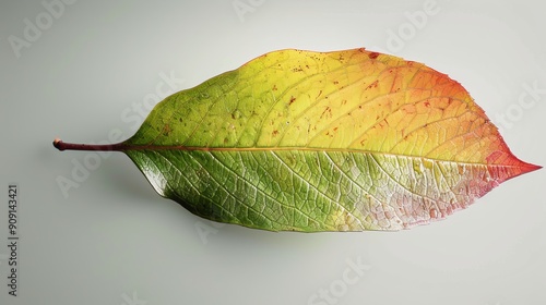 Green-yellow leaf on a plain white background surface. photo