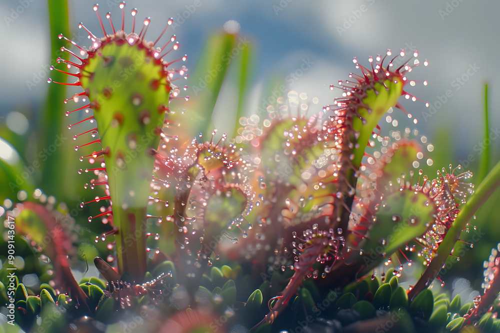 Close-Up of Sundew Plant with Dew Drops in Sunlight. Close-Up of Sundew Plant with Dew Drops in Sunlight.