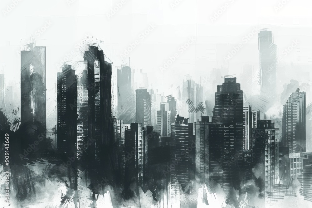 Obraz premium skyscrapers, chinese ink painting style, with copy space