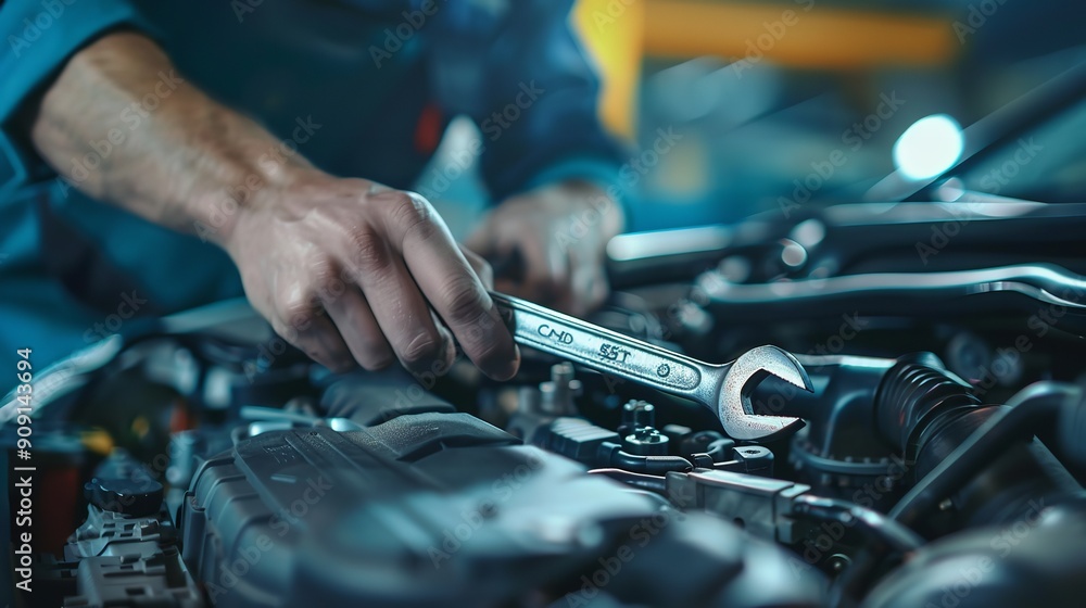 Car auto services and maintenance check concept: mechanic working on engine in garage workshop with wrench, Generative AI. Car auto services and maintenance check concept: mechanic working on engine in garage workshop with wrench, Generative AI.