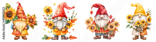 Set of Kawaii Gnome in autumn attire with sunflower bouquet clipart isolated on transparent background.