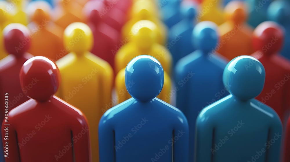 A group of people dressed in red and blue, standing in a row A group of people dressed in red and blue, standing in a row