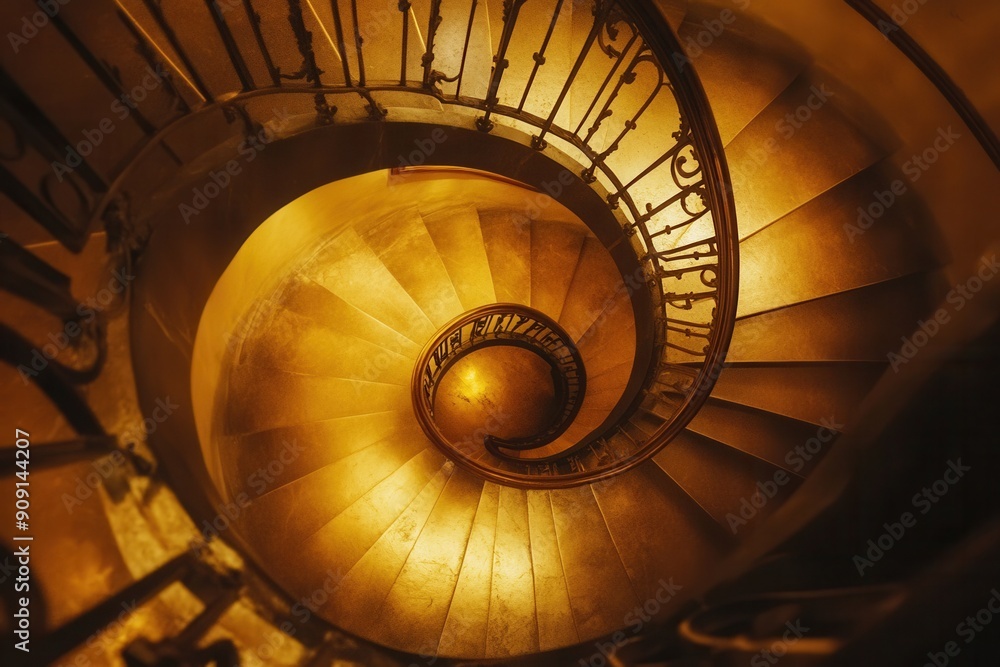 Fototapeta premium Spiral staircase in an art deco hotel, with copy space