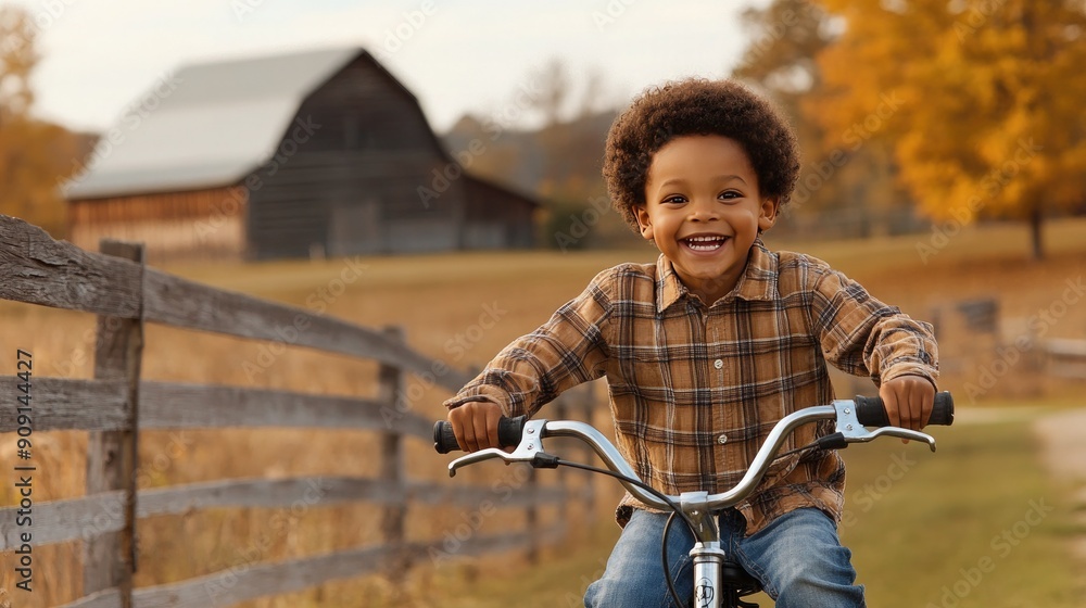 Obraz premium Young Boy Riding Bicycle on Sunny Autumn Day Near Farm