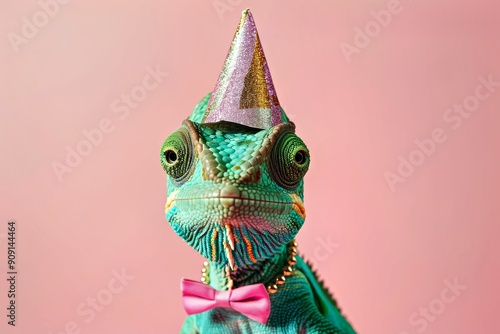 Creative photos of an animal with a hat and colored background to celebrate birthdays