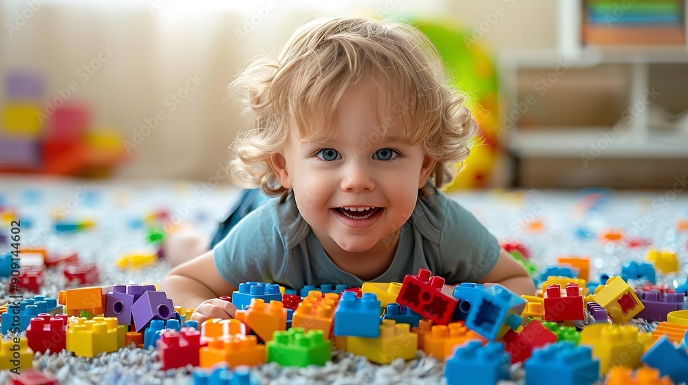 Child is playing with multicolored toy blocks. The children play, Generative AI. Child is playing with multicolored toy blocks. The children play, Generative AI.