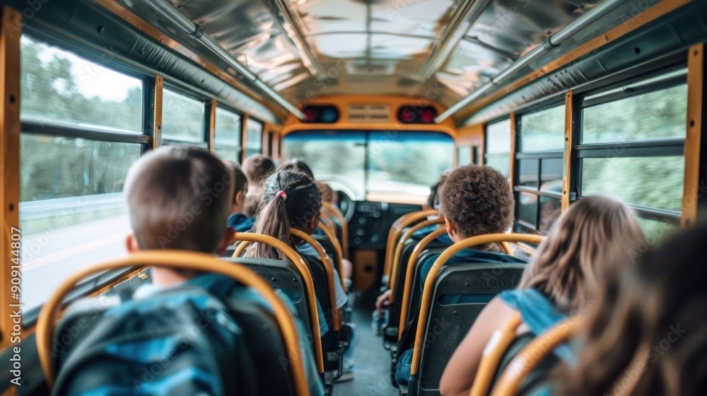 An interior view of a school bus with children seated and chatting An interior view of a school bus with children seated and chatting