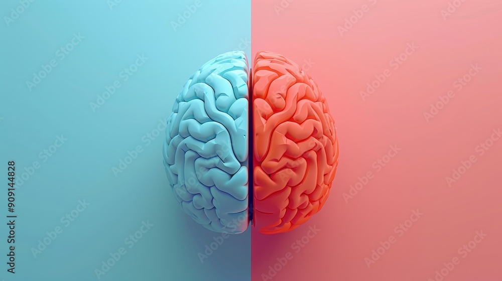 A stylized brain is split into two halves, one blue and one pink, symbolizing different cognitive functions and emotions A stylized brain is split into two halves, one blue and one pink, symbolizing different cognitive functions and emotions