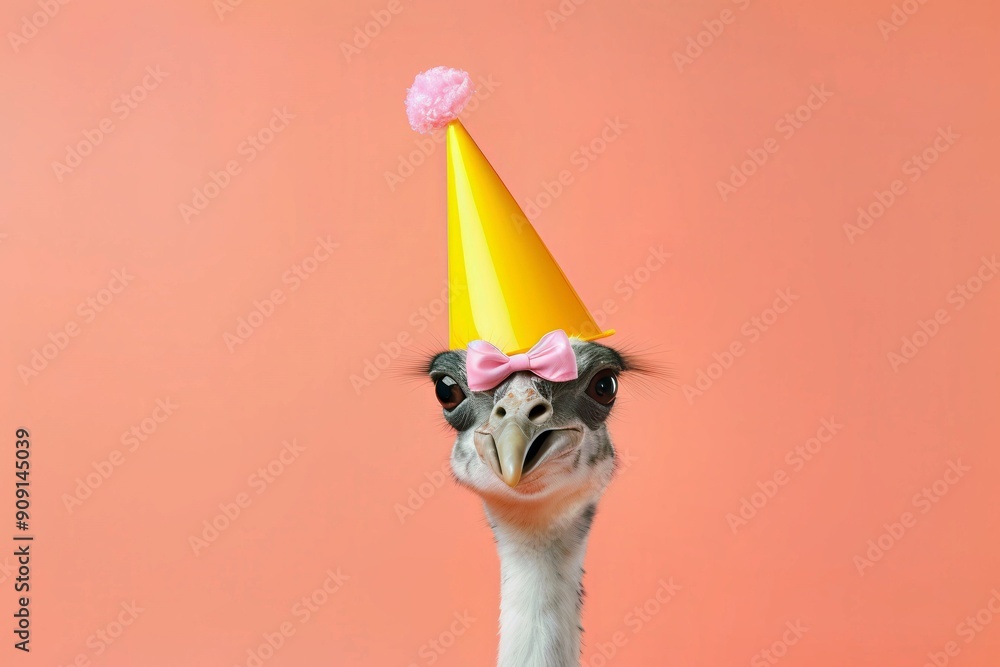 Fototapeta premium Creative photos of an animal with a hat and colored background to celebrate birthdays