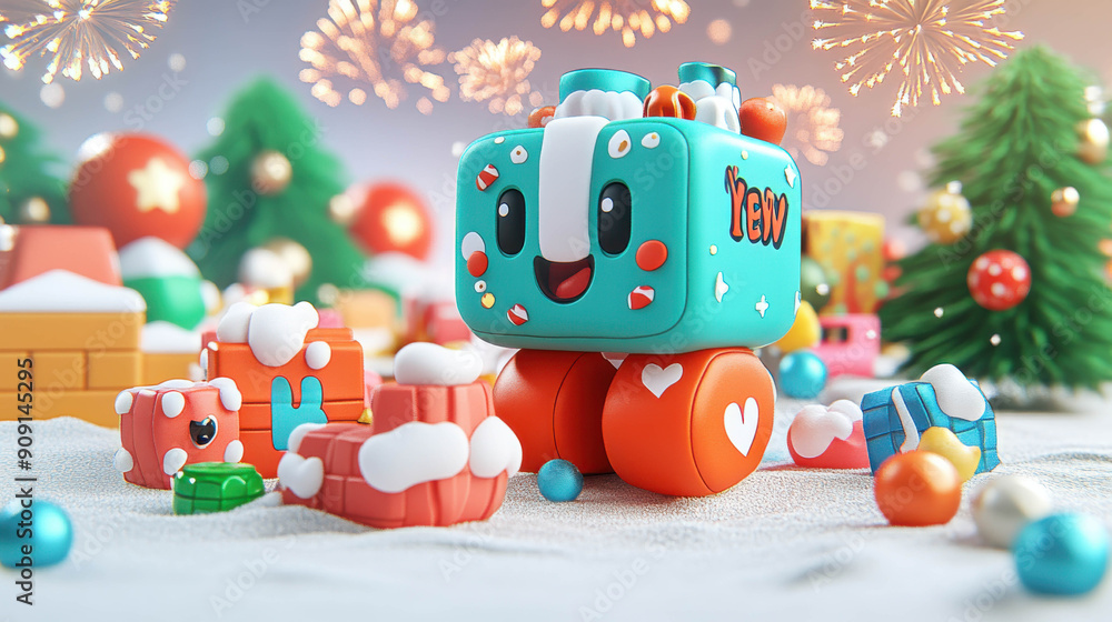 A cheerful blue cartoon character with a Santa hat sits on a gift box in a snowy Christmas scene with fireworks and decorated trees.
A cheerful blue cartoon character with a Santa hat sits on a gift box in a snowy Christmas scene with fireworks and decorated trees.