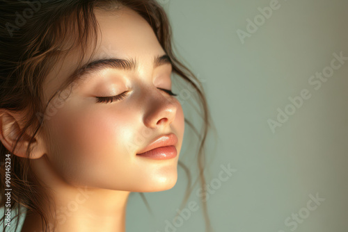 A close up of a girl's face with her eyes closed